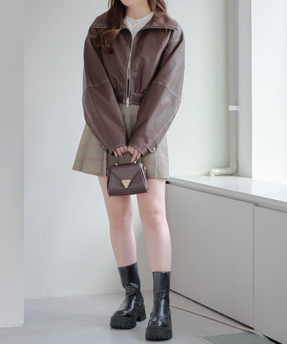 拼色仿皮縫線短夾克