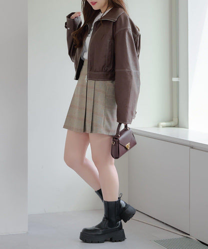 拼色仿皮縫線短夾克