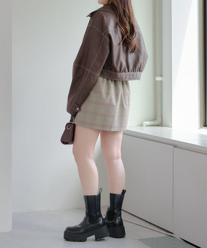 拼色仿皮縫線短夾克