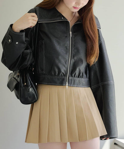 拼色仿皮縫線短夾克