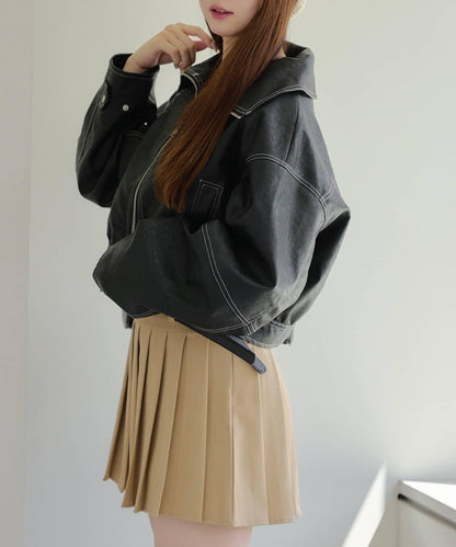 拼色仿皮縫線短夾克