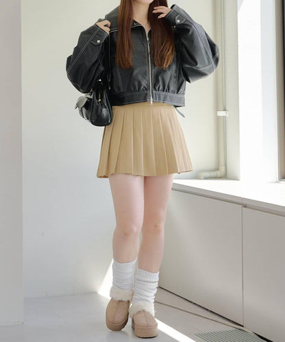 拼色仿皮縫線短夾克