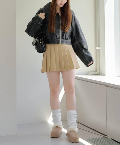 拼色仿皮縫線短夾克