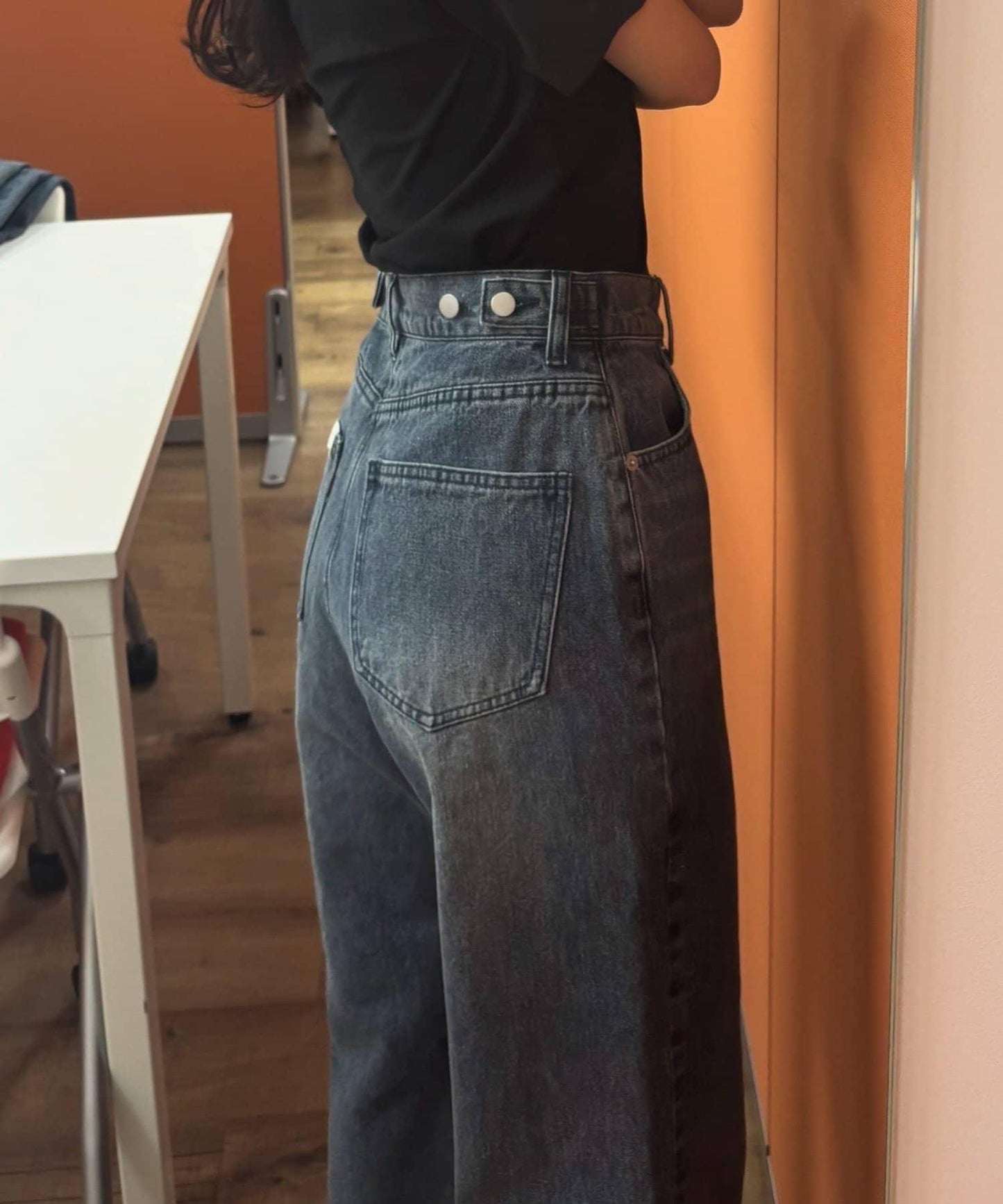 【PIKO企畫 / 腰部可調節】雙排扣喇叭牛仔褲