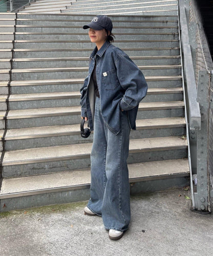 【PIKO企畫 / 腰部可調節】雙排扣喇叭牛仔褲