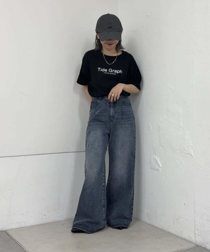 【PIKO企畫 / 腰部可調節】雙排扣喇叭牛仔褲