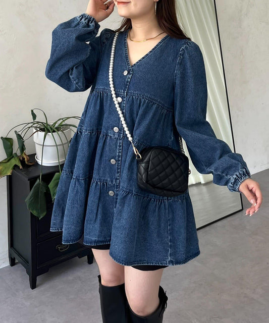 V領牛仔拼接層疊女襯衫