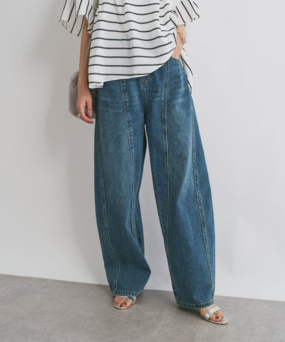 前片拼接弧形牛仔褲