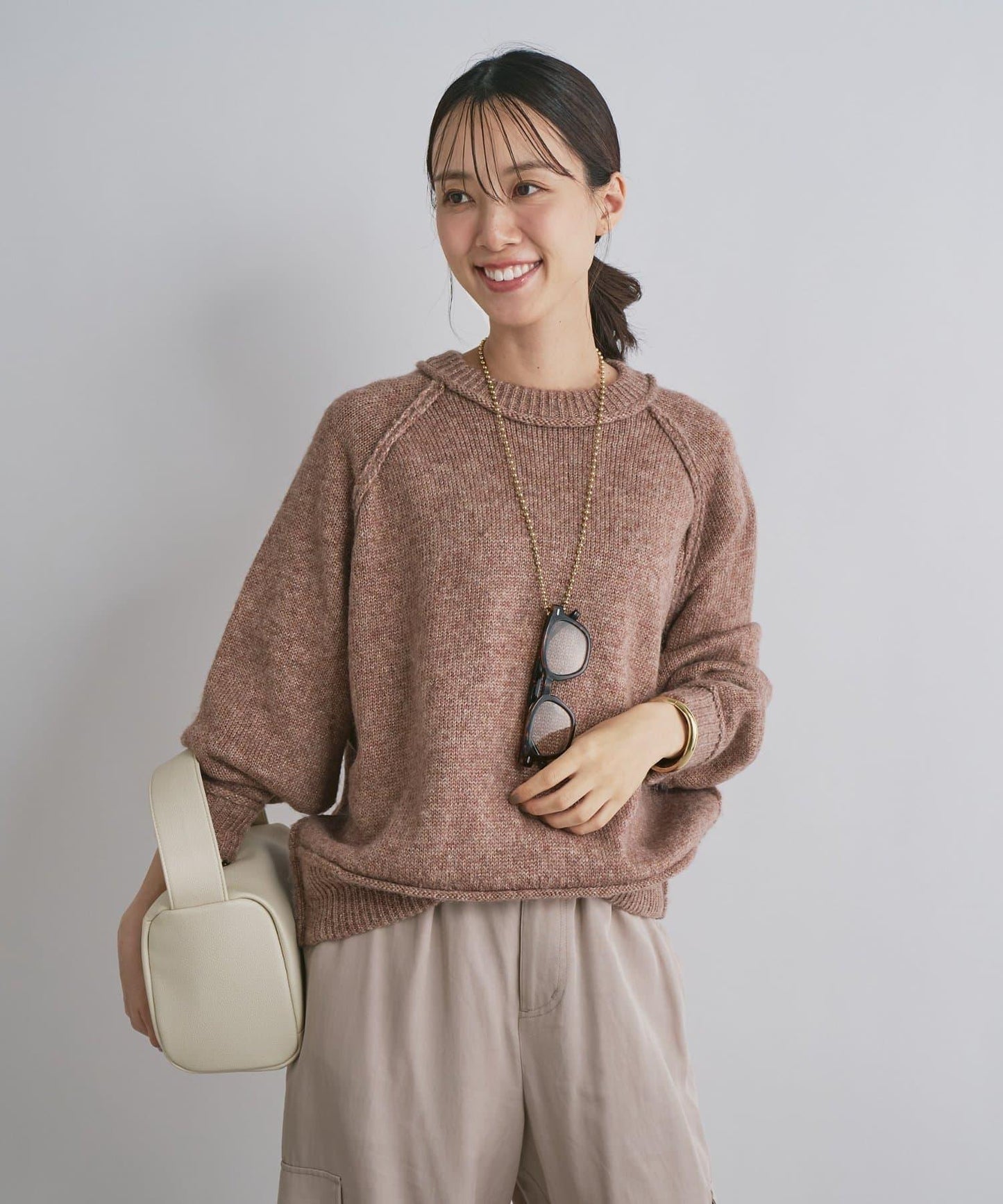 拉鍊亮絲紗線插肩袖針織衫