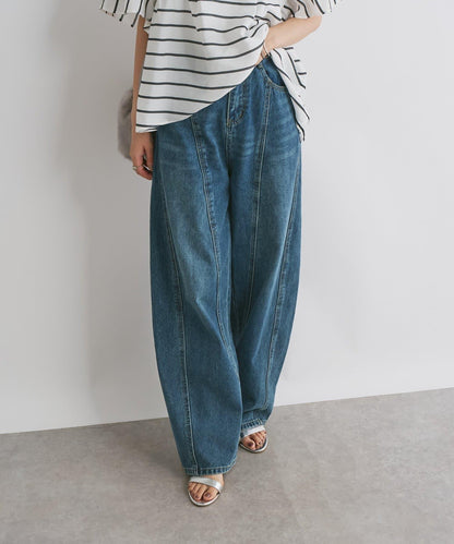 前片拼接弧形牛仔褲