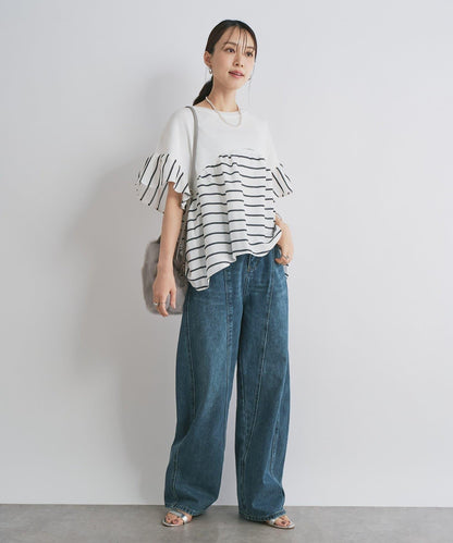 前片拼接弧形牛仔褲