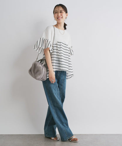 前片拼接弧形牛仔褲