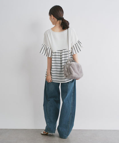 前片拼接弧形牛仔褲