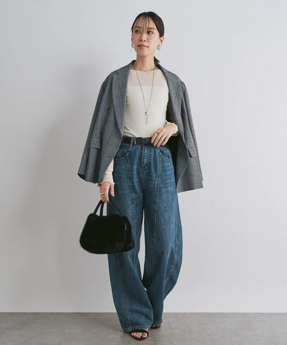 前片拼接弧形牛仔褲