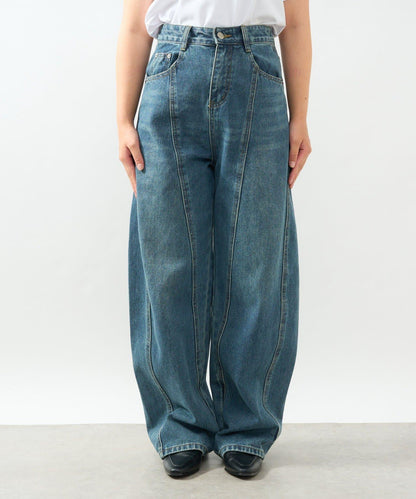 前片拼接弧形牛仔褲