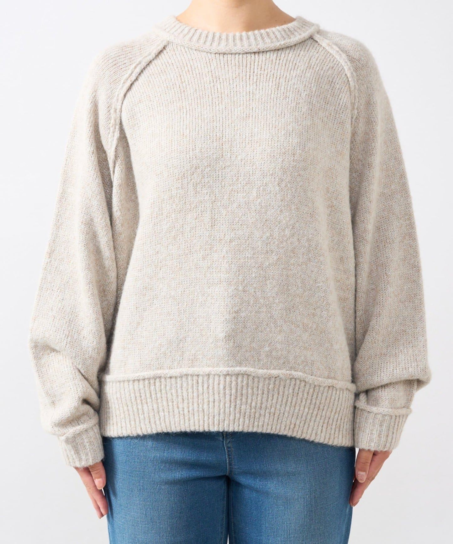 拉鍊亮絲紗線插肩袖針織衫