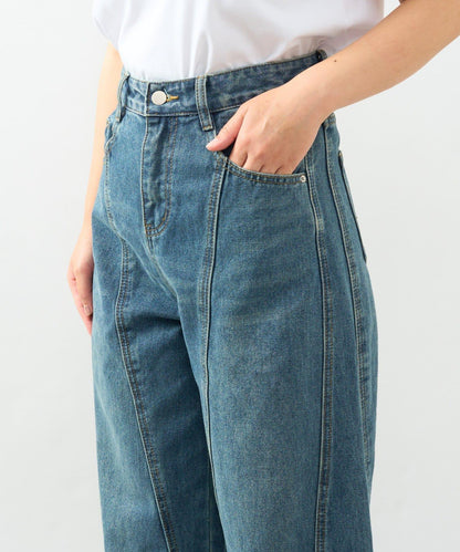 前片拼接弧形牛仔褲