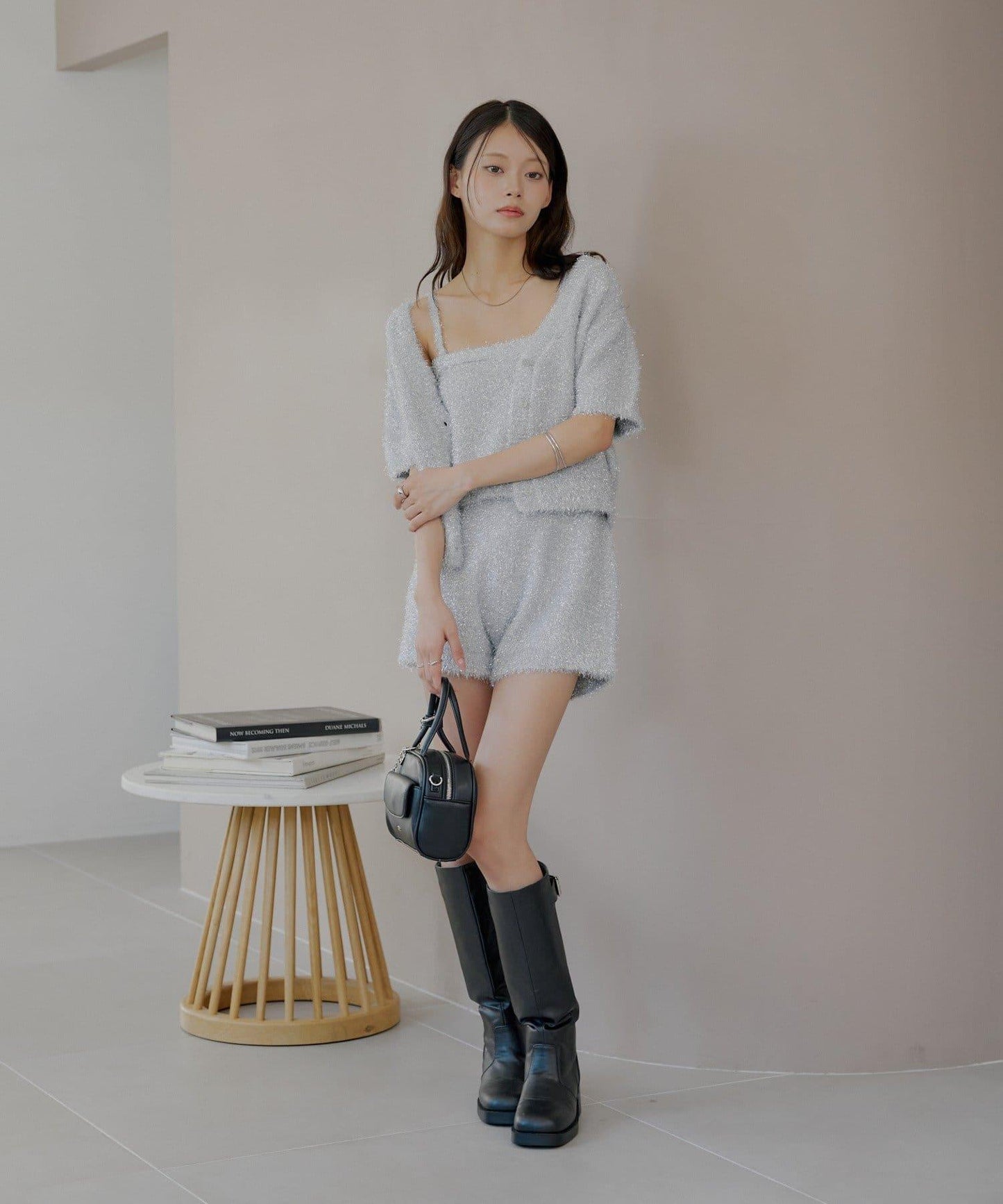 【Chico】亮片長毛針織短褲