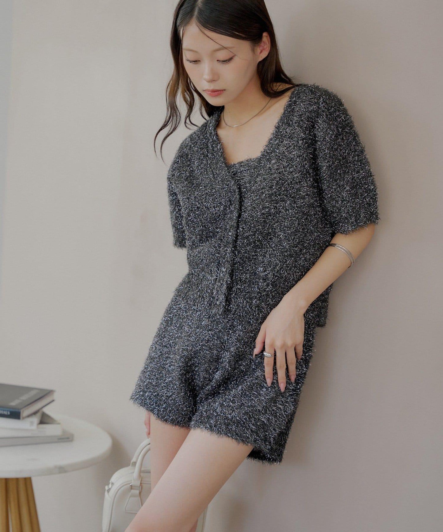 【Chico】亮片長毛針織短褲