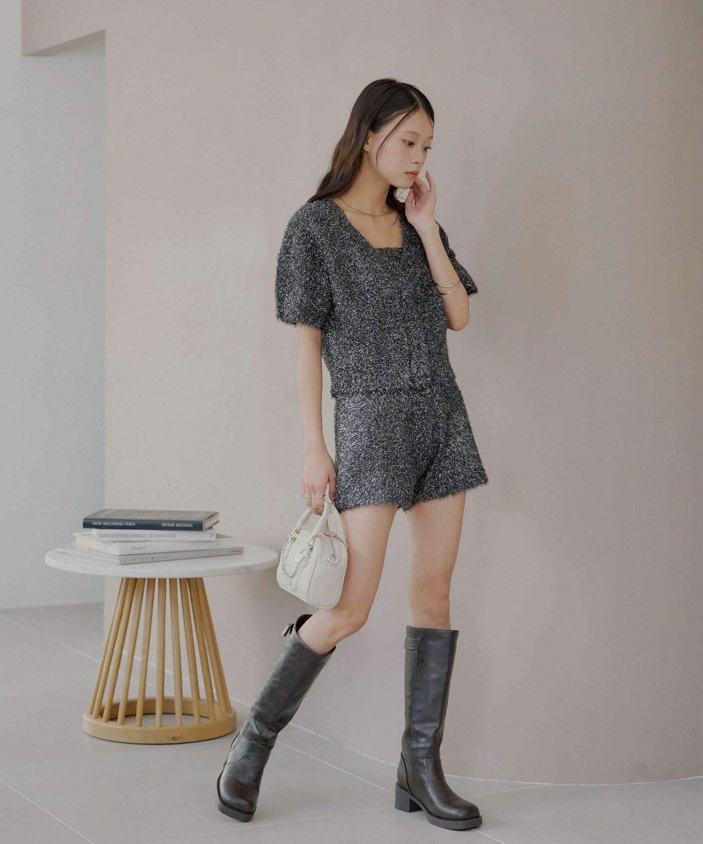 【Chico】亮片長毛針織短褲