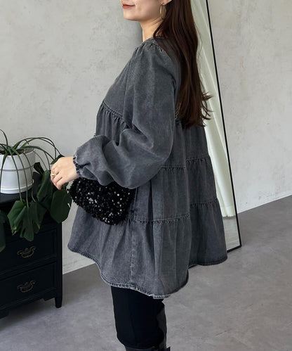 V領牛仔拼接層疊女襯衫