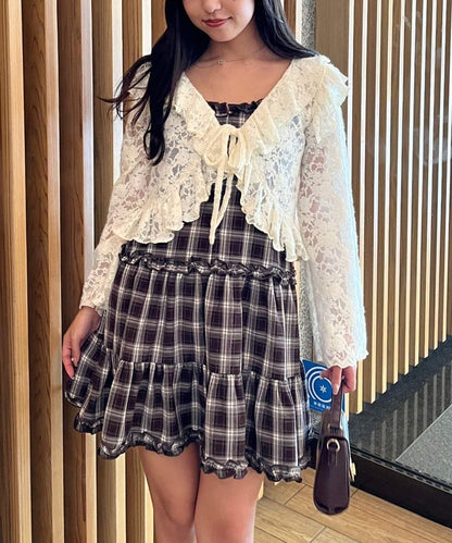 格紋層疊吊帶長款上衣