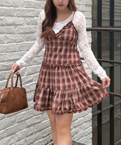 格紋層疊吊帶長款上衣