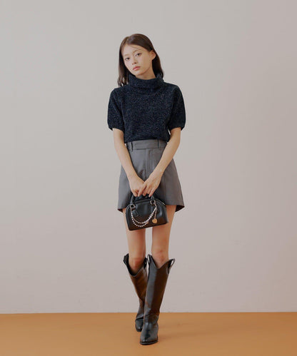 【Chico】亮絲天鵝絨高領短袖針織衫