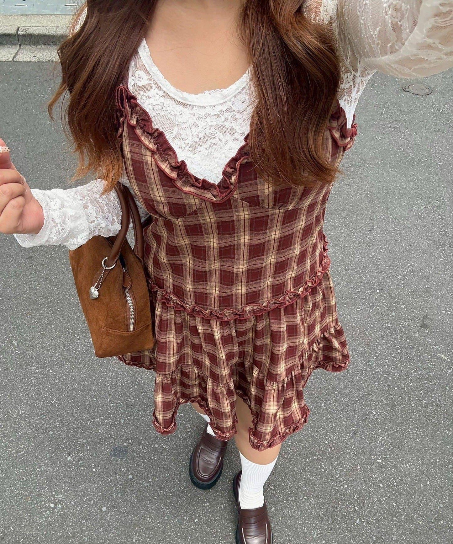 格紋層疊吊帶長款上衣