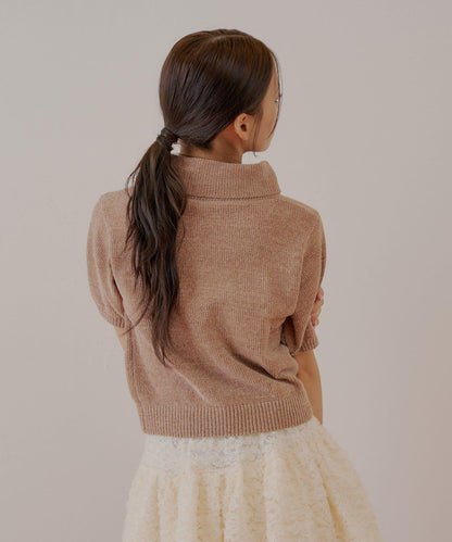 【Chico】亮絲天鵝絨高領短袖針織衫