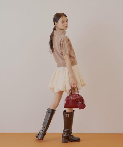 【Chico】亮絲天鵝絨高領短袖針織衫