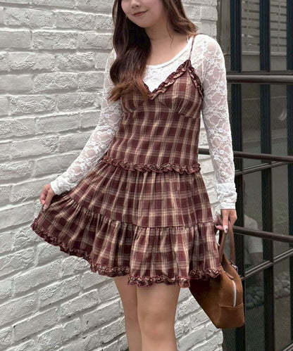 格紋層疊吊帶長款上衣