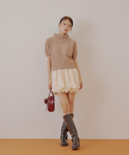 【Chico】亮絲天鵝絨高領短袖針織衫