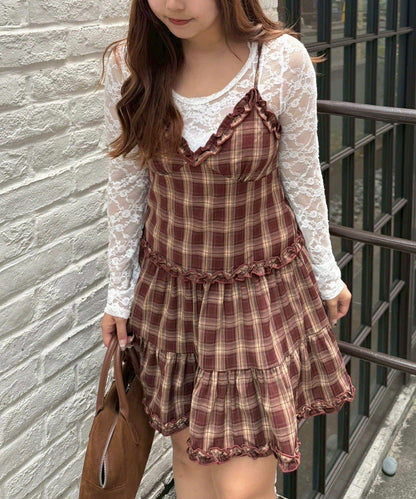 格紋層疊吊帶長款上衣