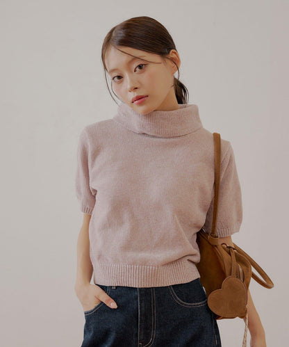 【Chico】亮絲天鵝絨高領短袖針織衫