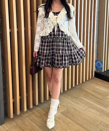 格紋層疊吊帶長款上衣