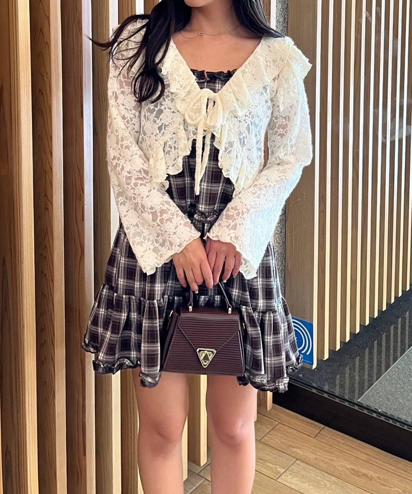 格紋層疊吊帶長款上衣