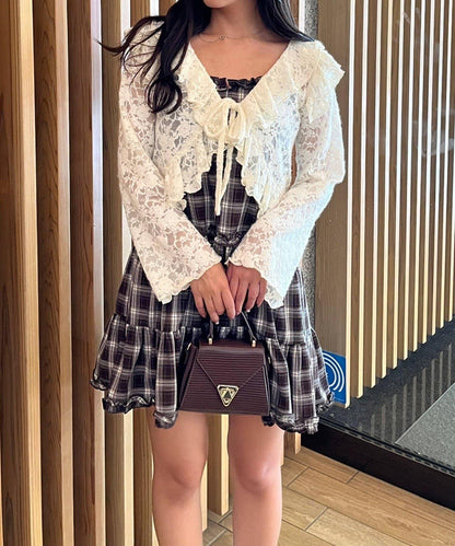 格紋層疊吊帶長款上衣