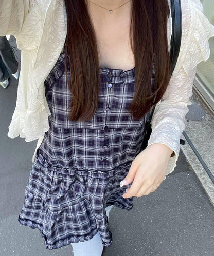 格紋層疊吊帶長款上衣