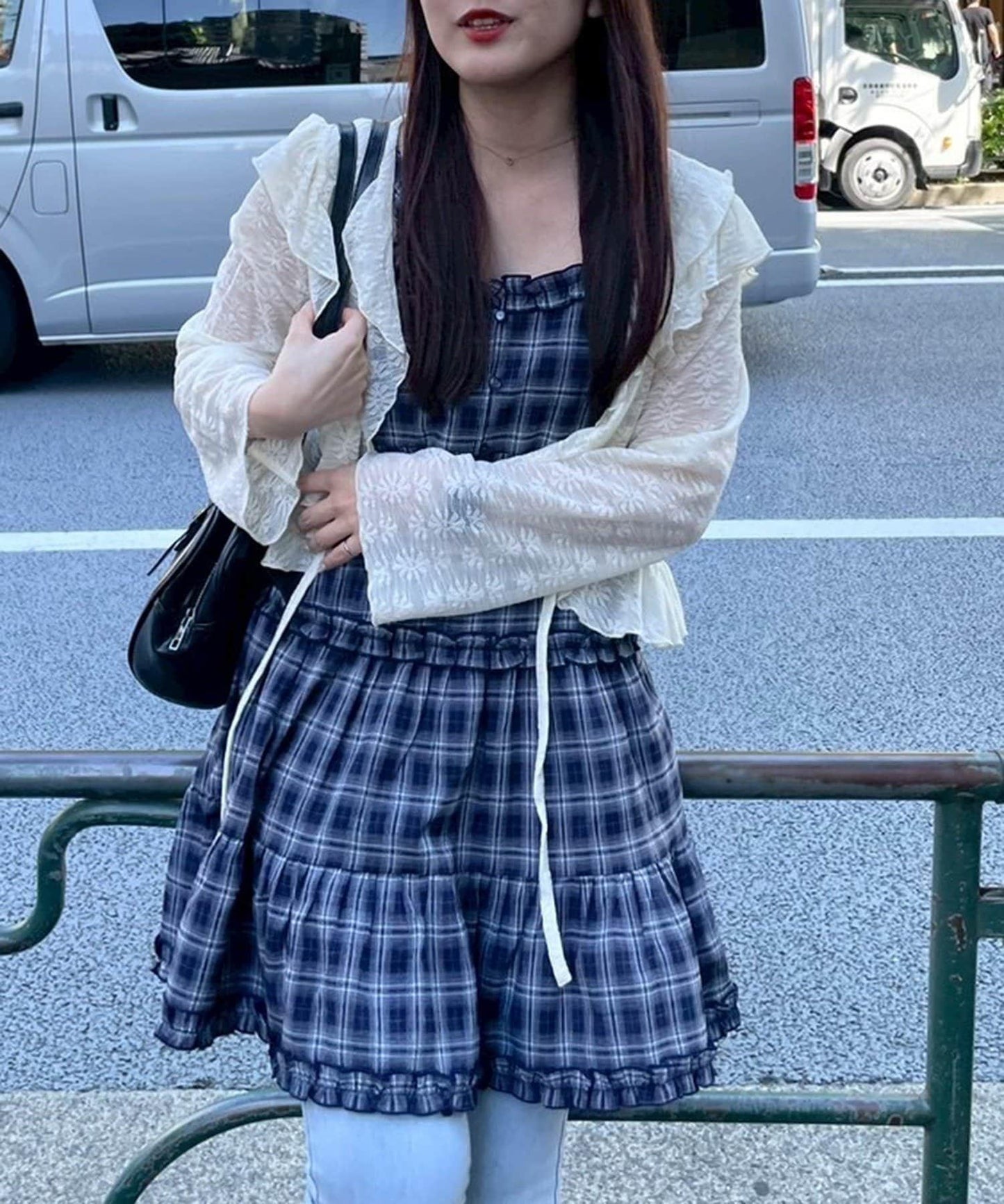 格紋層疊吊帶長款上衣