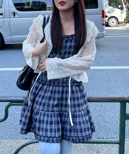 格紋層疊吊帶長款上衣