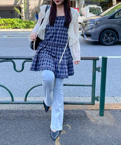 格紋層疊吊帶長款上衣