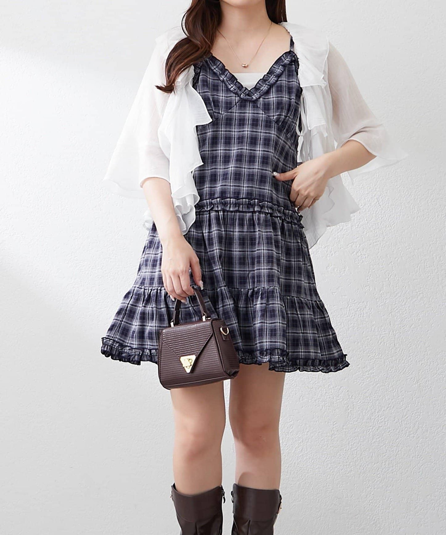 格紋層疊吊帶長款上衣