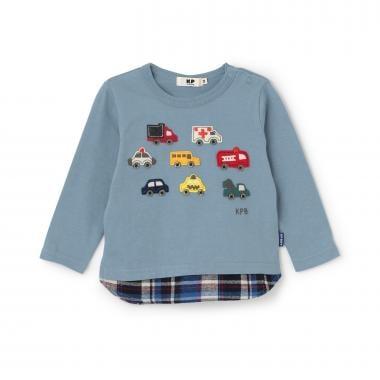 汽車貼布繡×下襬格紋長袖T恤