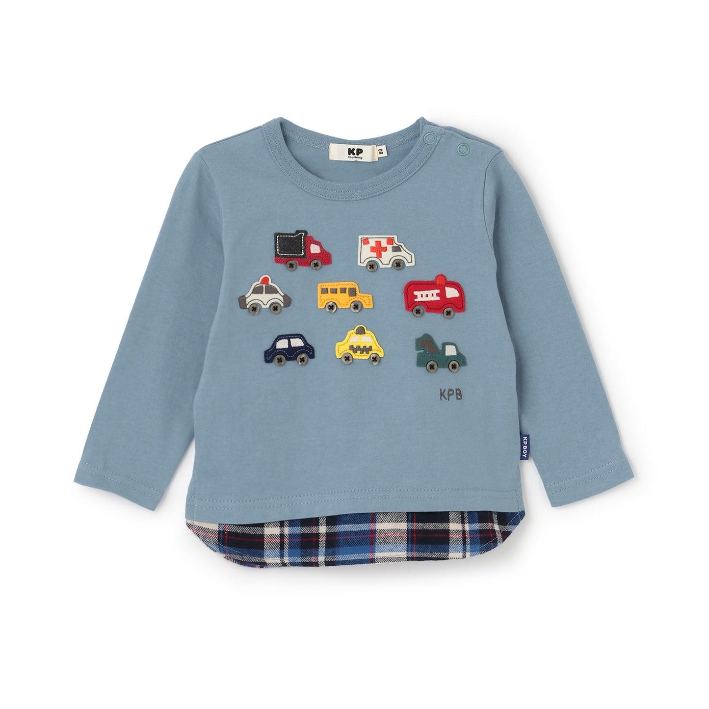 汽車貼布繡×下襬格紋長袖T恤
