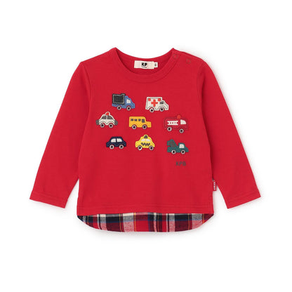 汽車貼布繡×下襬格紋長袖T恤