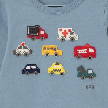 汽車貼布繡×下襬格紋長袖T恤