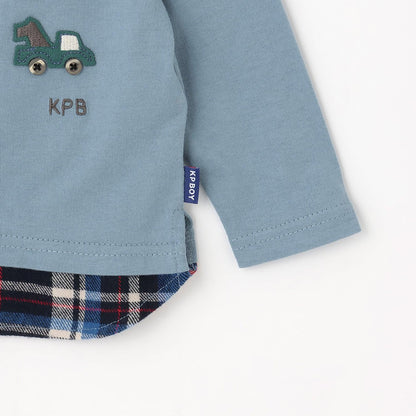 汽車貼布繡×下襬格紋長袖T恤