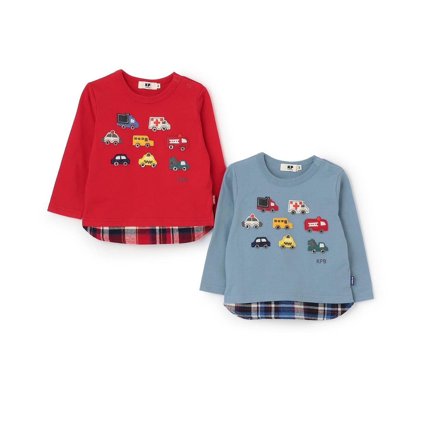 汽車貼布繡×下襬格紋長袖T恤