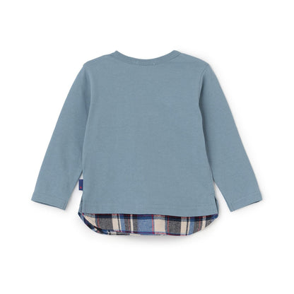 汽車貼布繡×下襬格紋長袖T恤